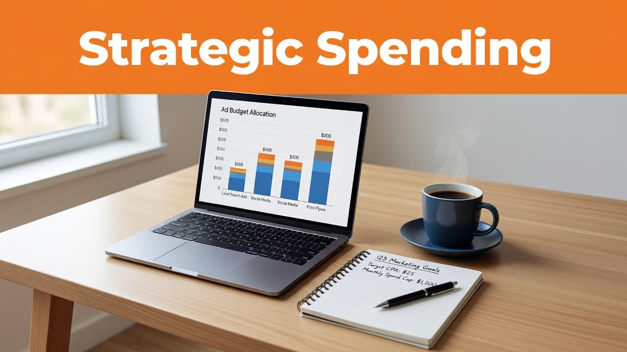A clean wooden desk features a laptop, notebook, and coffee mug, positioned beneath a bold orange horizontal header. This organized workspace visualizes the professional process of determining a monthly business investment.