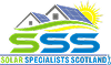 Logo with three stylized blue houses, a yellow sun, and green letters SSS for Solar Solutions Scotland.