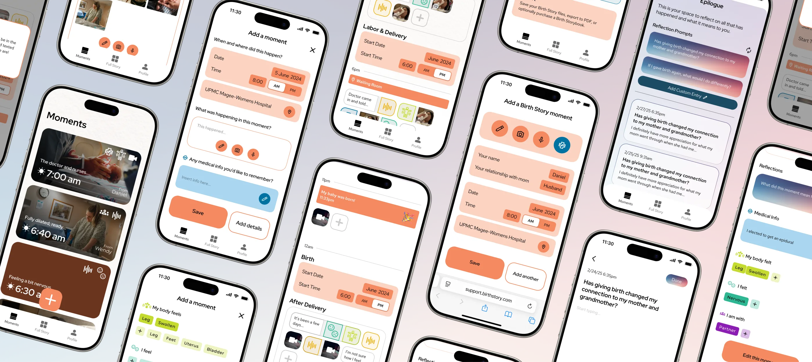 Angled collage of Birth Story app screens including Moments, Add a Moment, Full Story, and Reflections