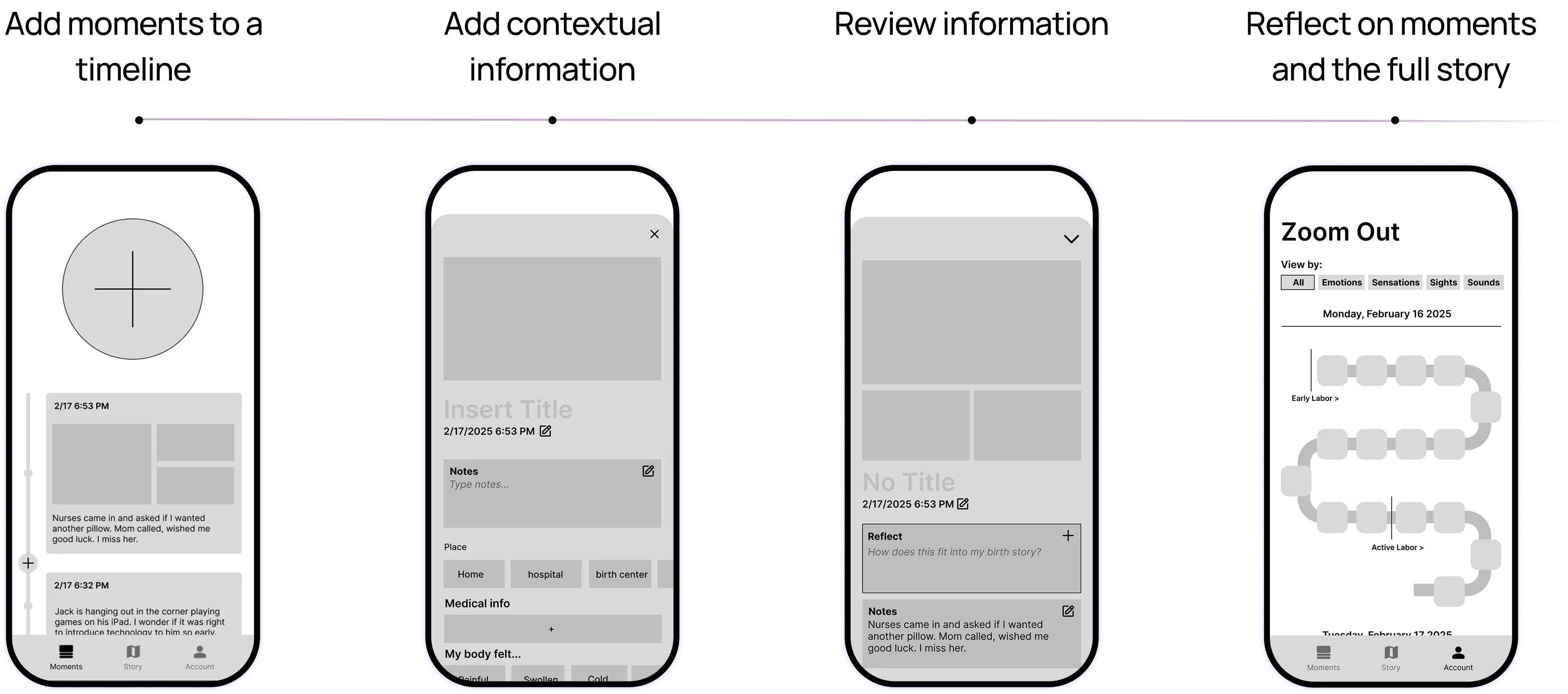 Initial UI wireframes showing the chronological moments feed with a large add button