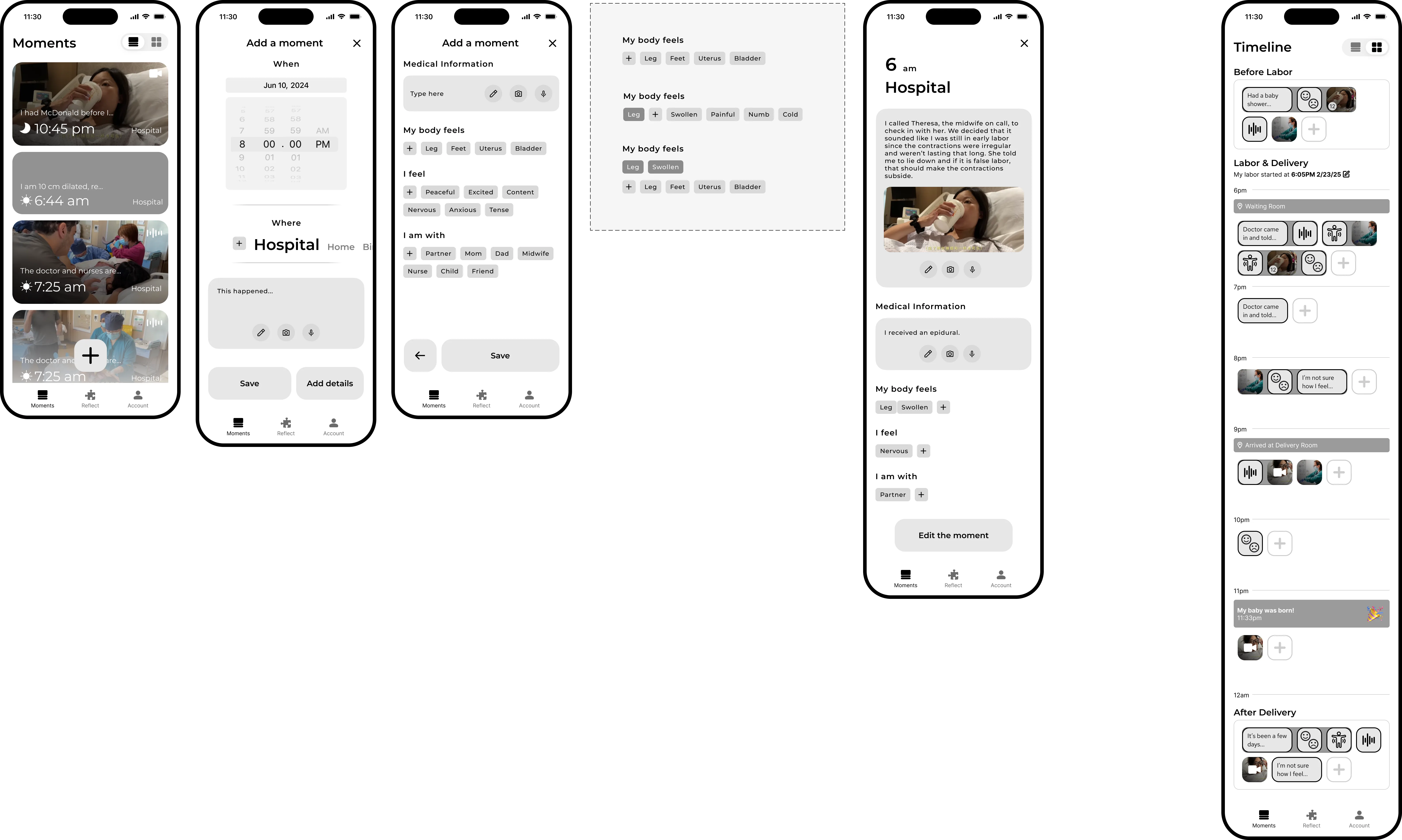 Higher-fidelity moments feed with time-prioritized cards, a thumb-reachable add button, and a feed-to-overview toggle