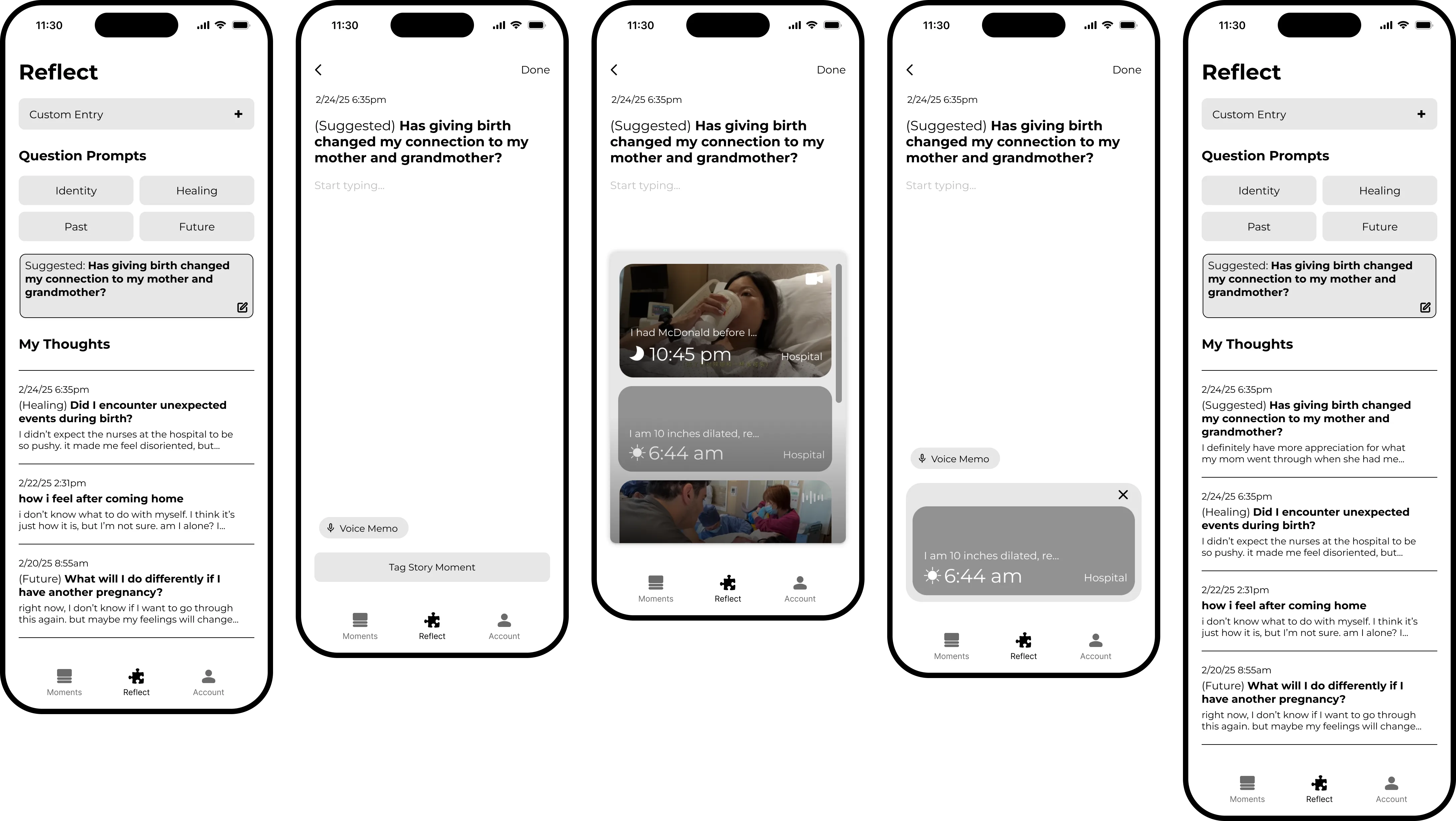 Wireframes for the Reflect section with suggested reflection prompts and journal-style entry patterns