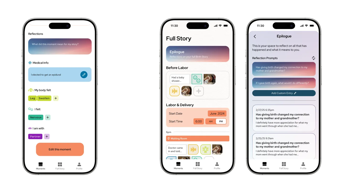 Reflection prompts integrated directly into the moments timeline and epilogue instead of a separate section