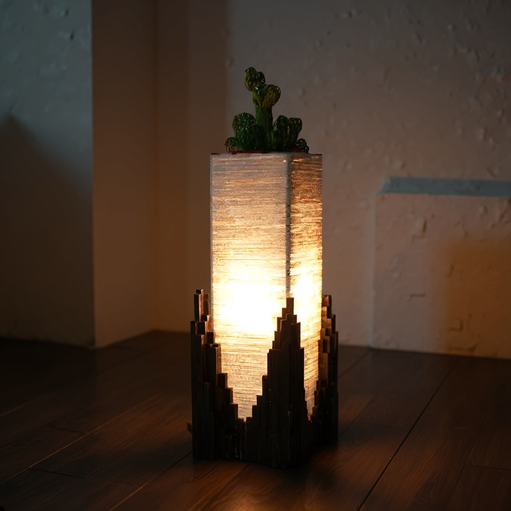 Wooden lamp made of stacked reclaimed-wood columns, with a small cactus on top