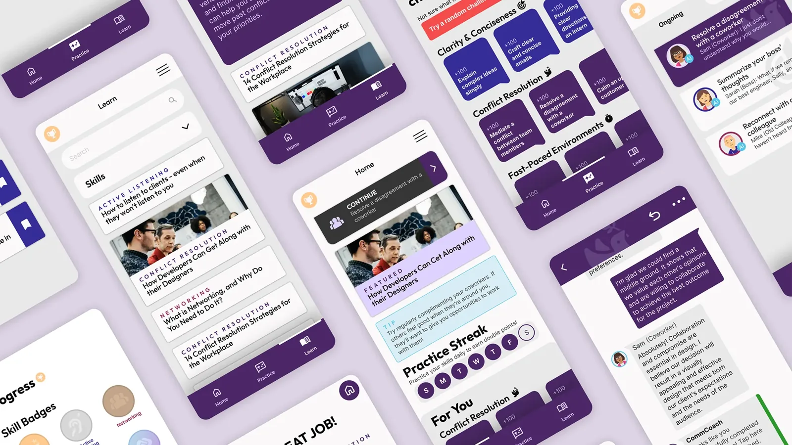 Mockups of CommCoach app screens, including skill areas, practice streaks, and conversation challenges