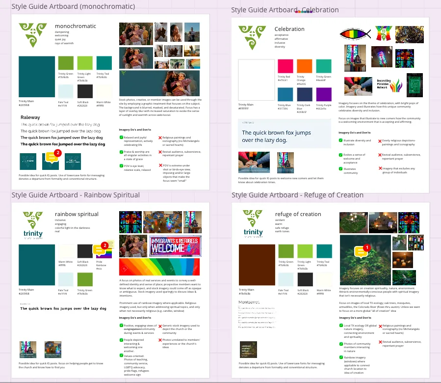 Four style guide options for Trinity Church, each with a color palette, type samples, and imagery