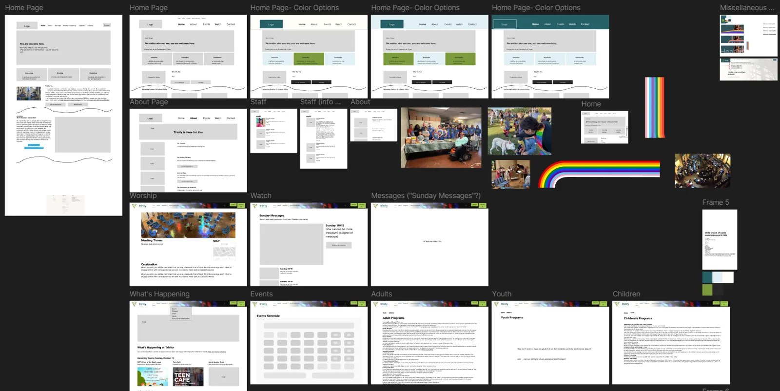 Figma board of homepage and interior page wireframes alongside color options