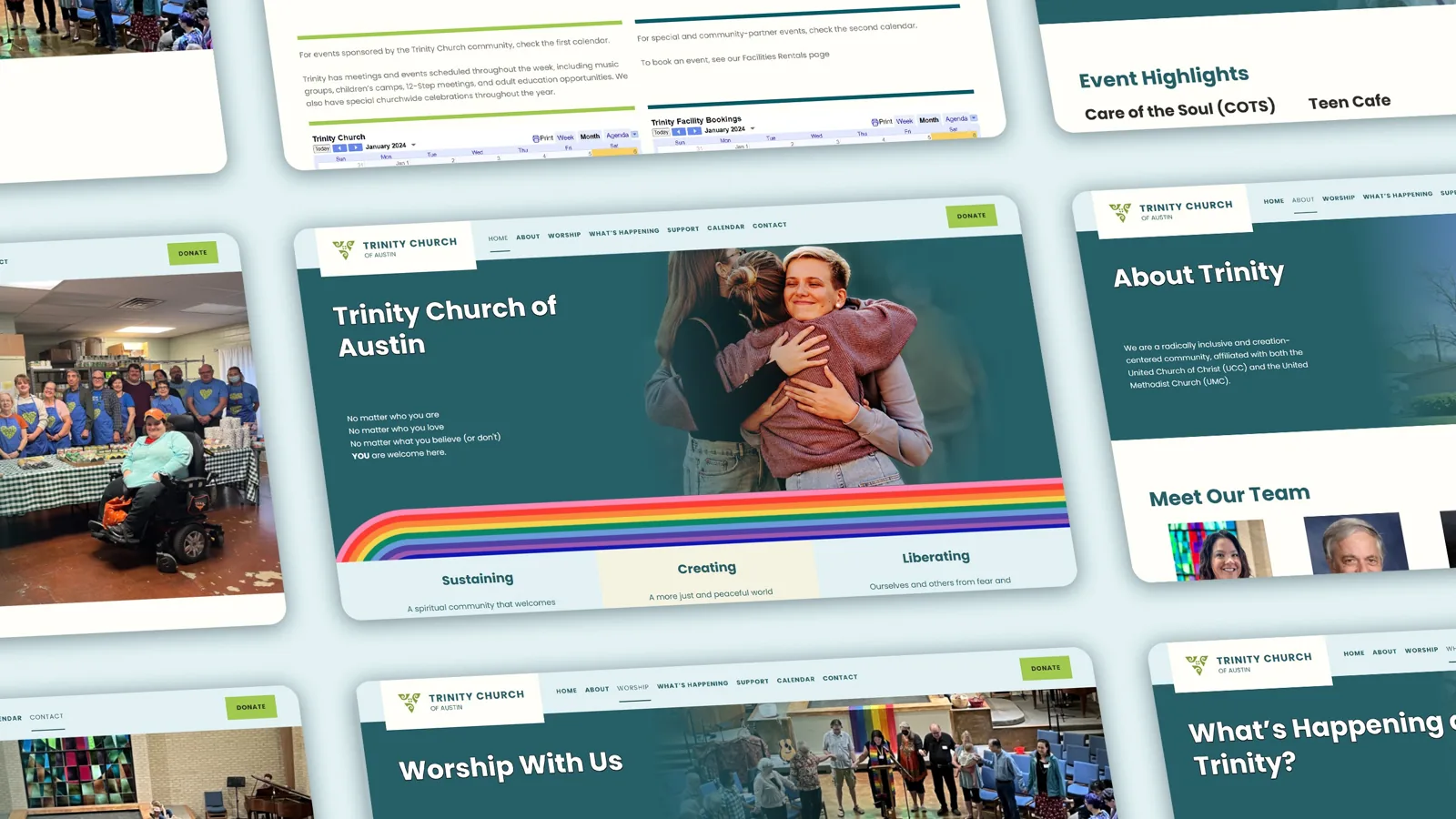 Mockups of the redesigned Trinity Church of Austin website, with a rainbow motif and community photos