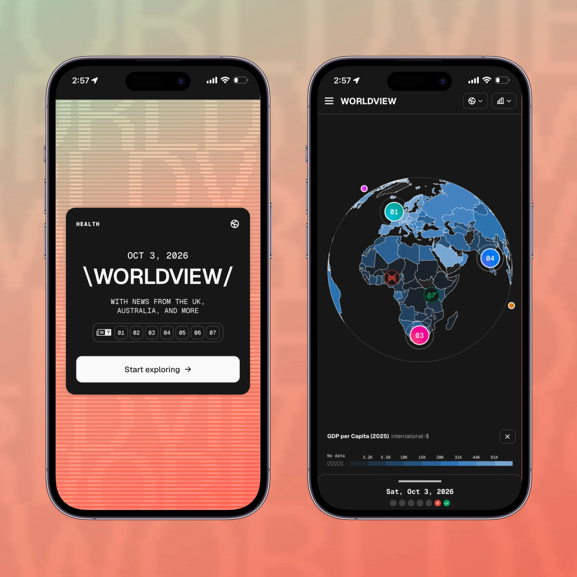Two phones showing Worldview: a start screen and a 3D globe with numbered news markers over a GDP per capita map