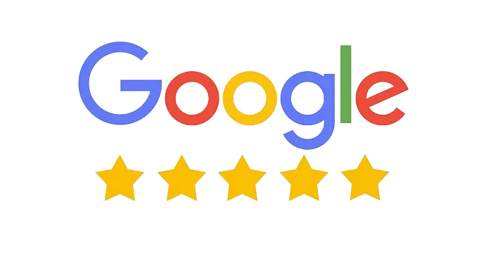 Google logo with five gold stars underneath representing a five-star rating.