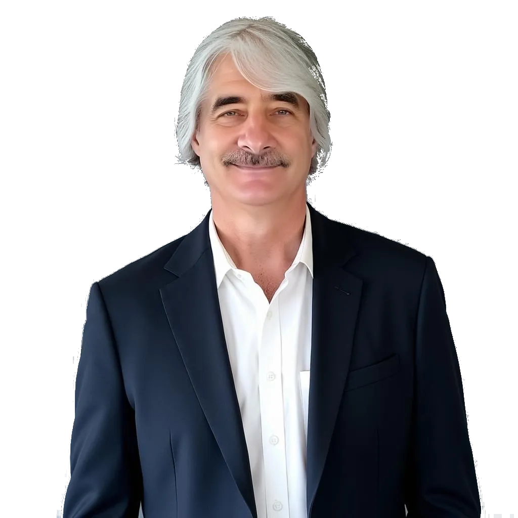 Smiling middle-aged man with gray hair and mustache wearing a dark suit jacket and white dress shirt.