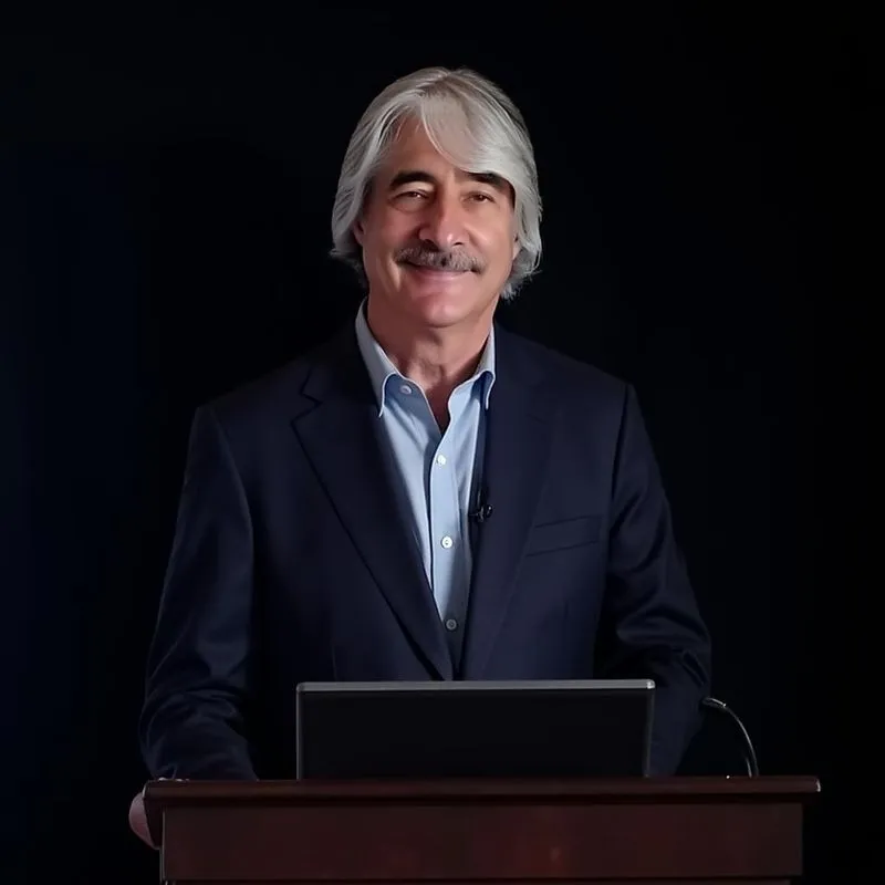 Middle-aged man with gray hair and mustache wearing a navy blazer and light blue shirt, standing behind a podium with a laptop.