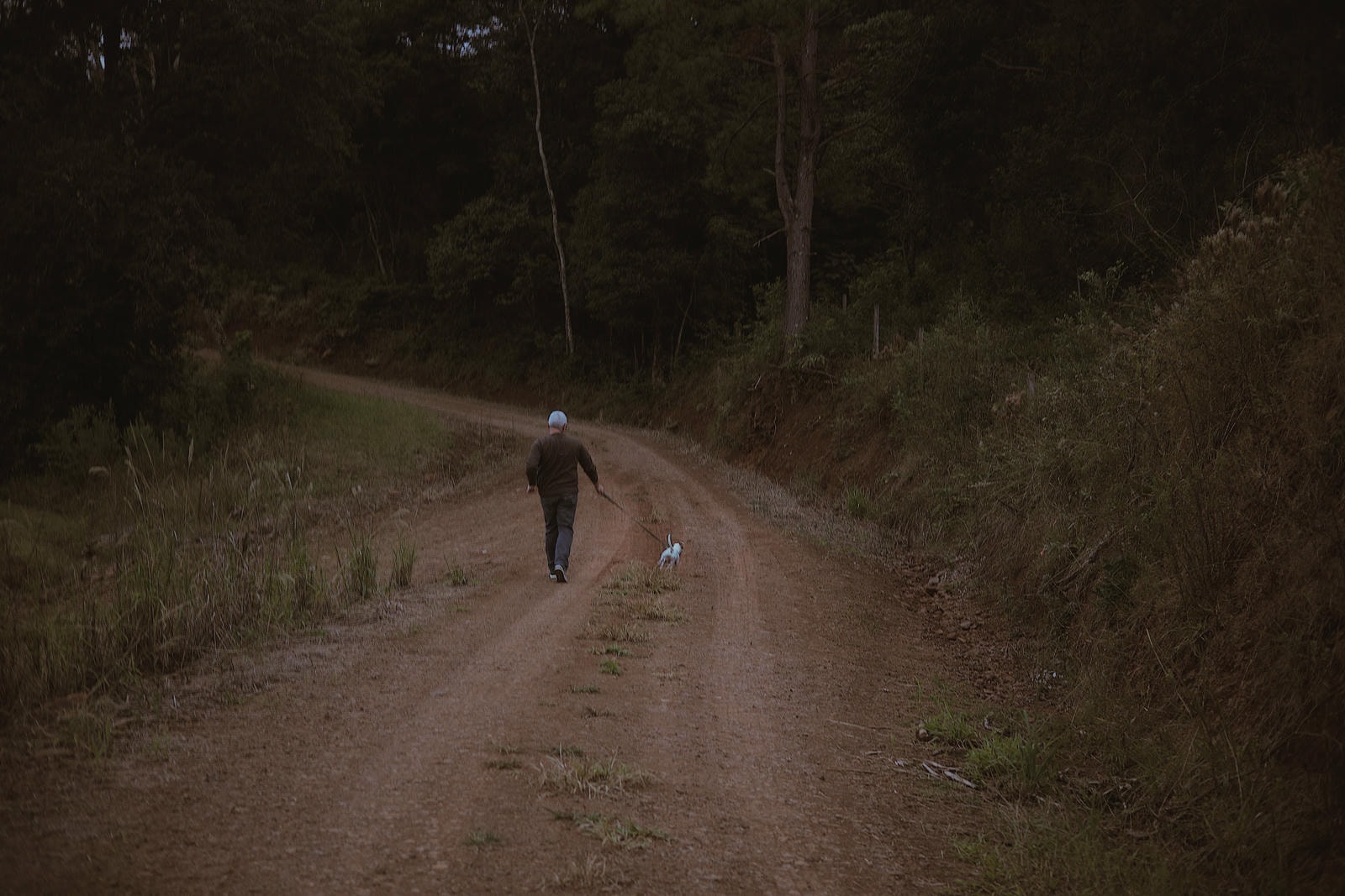 Pessoa caminhando por uma estrada rural ao entardecer
