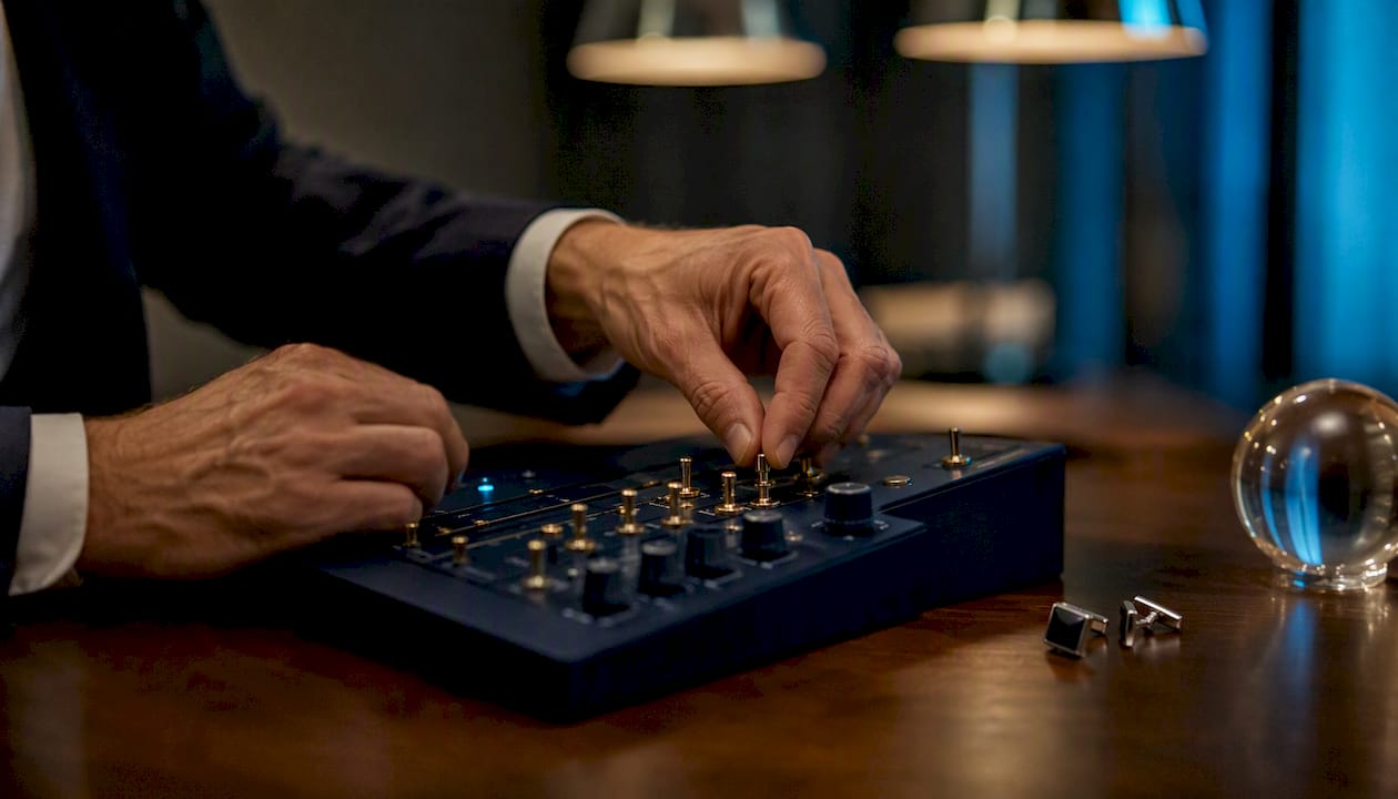 Hands adjusting analog control dial on panel