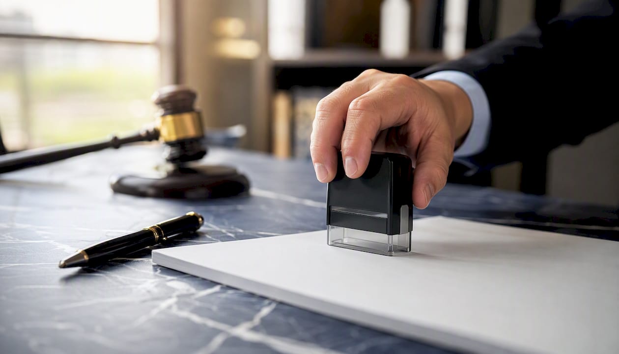 Hand stamping a document in legal office