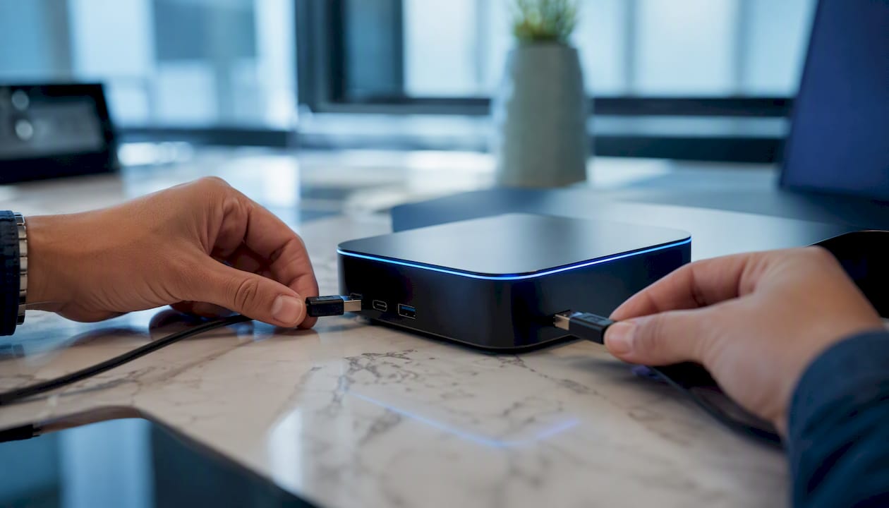 Hands connecting USB cables to data hub device