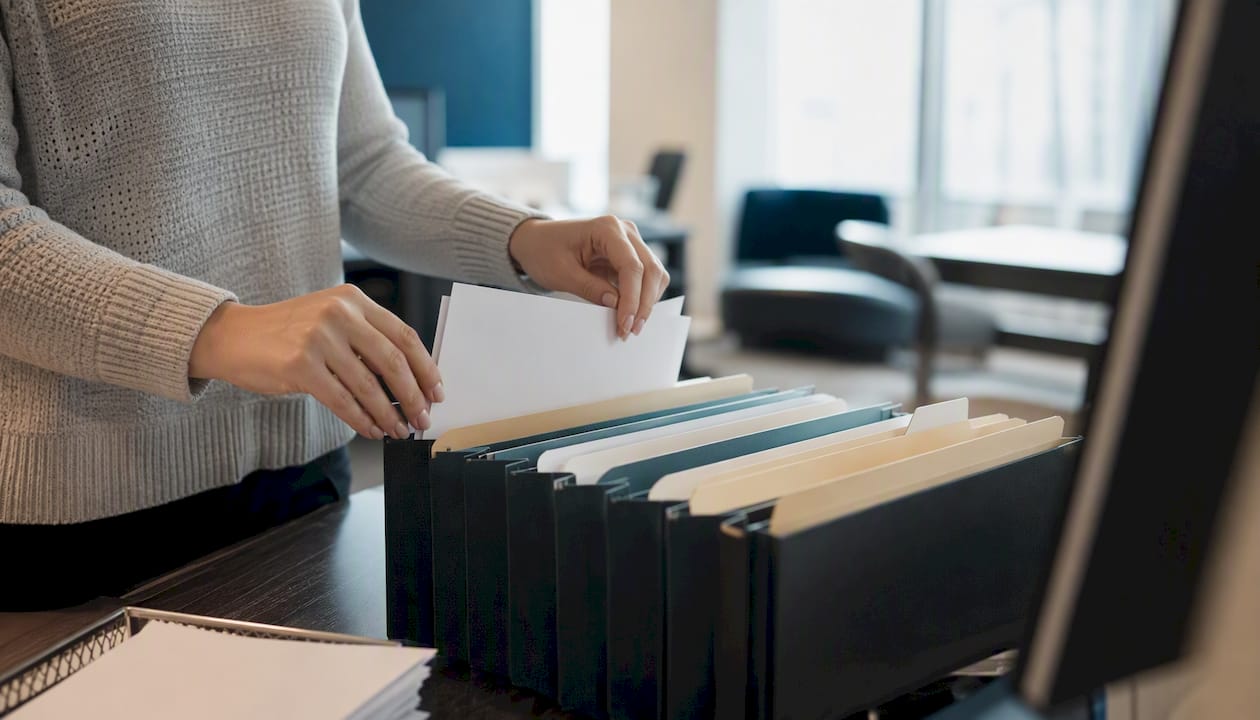Hands filing client intake forms in folders