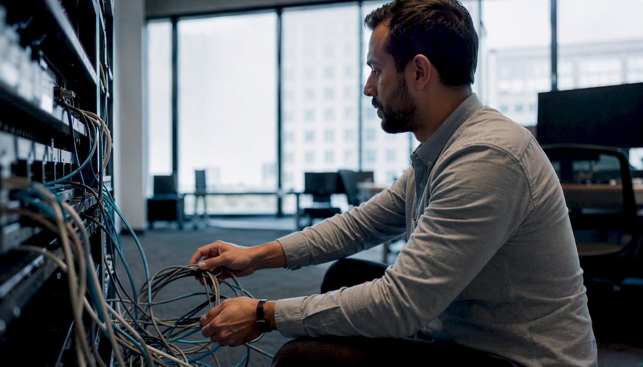 Hands adjusting network cables in server rack