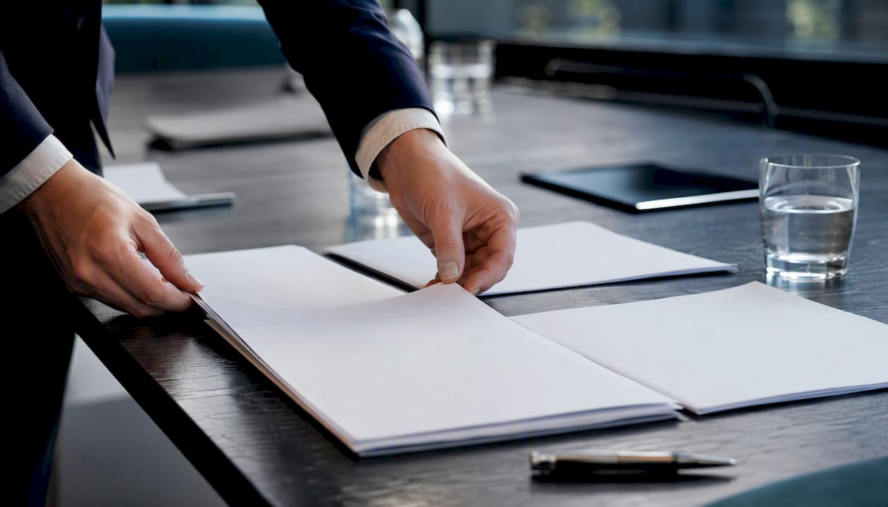 Hands placing recording device on table
