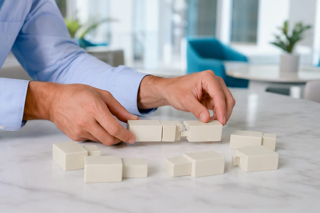 Hands adding modular blocks to intake form