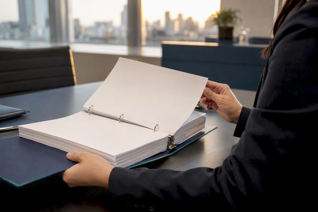 Hands flipping through audit log binder