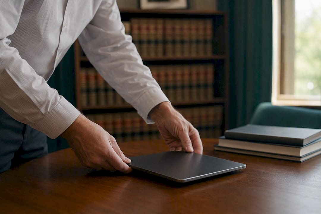 Solo practitioner placing tablet on desk