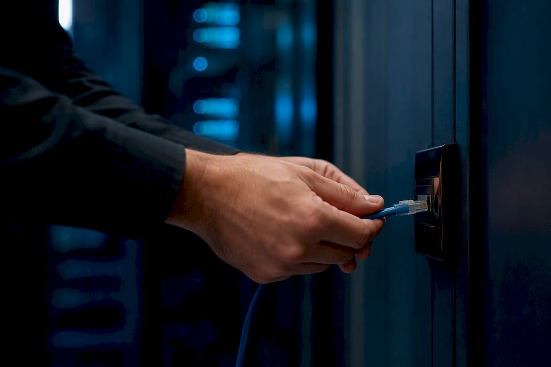 Hands plugging network cable in server room