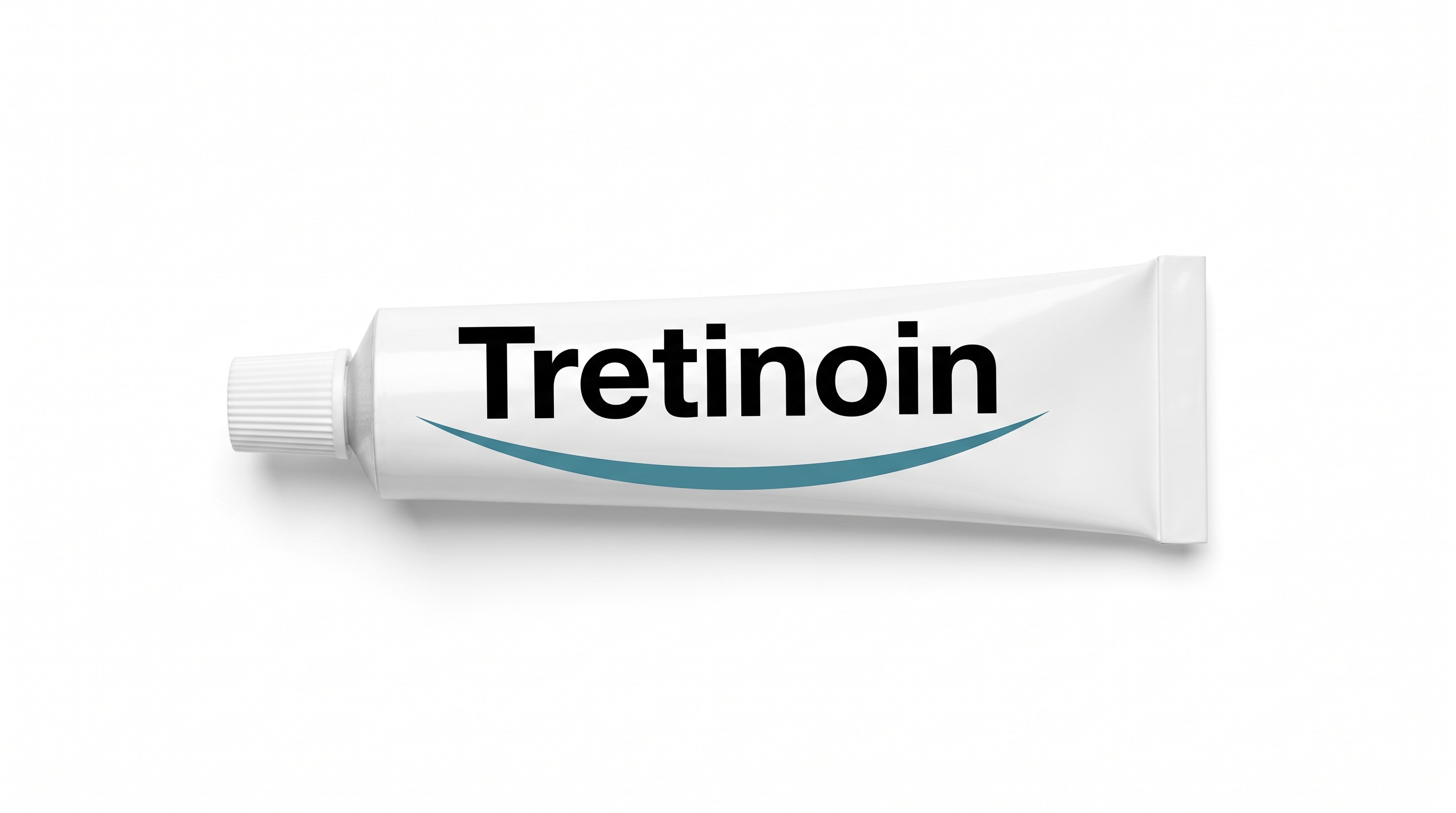 A plain white medicine tube lying at an angle on a white background, capped, labeled Tretinoin in black with a navy blue swoosh curving along its length.