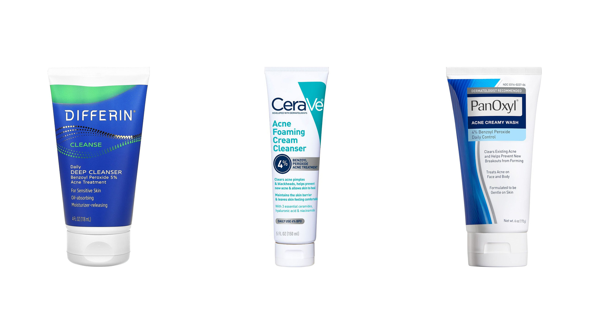 Three acne wash tubes on white: Differin Deep Cleanser, CeraVe Acne Foaming Cream Cleanser and PanOxyl