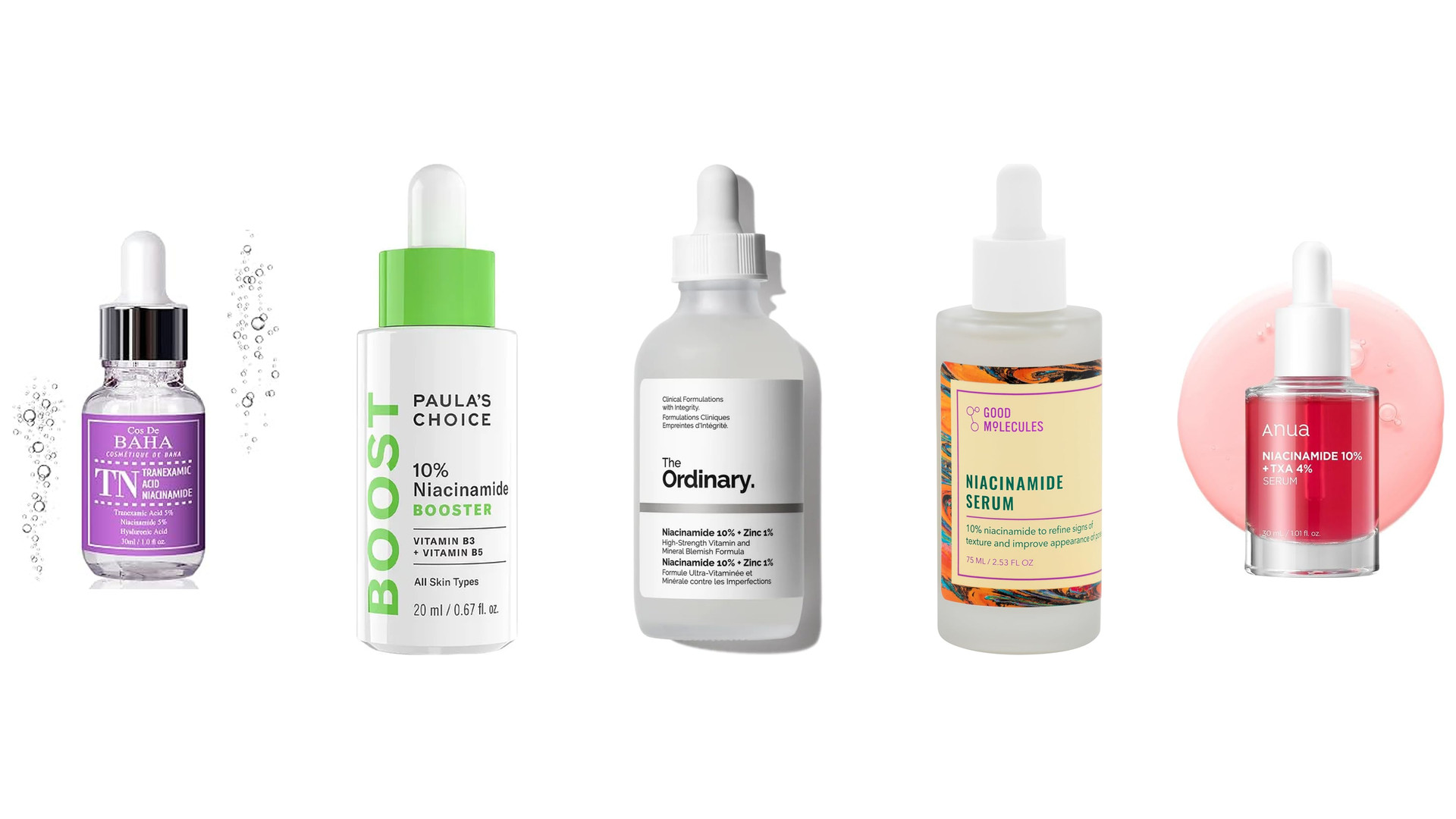 Six niacinamide products on white, including The Ordinary 10% + Zinc 1%, Paula's Choice Booster and EltaMD UV Clear