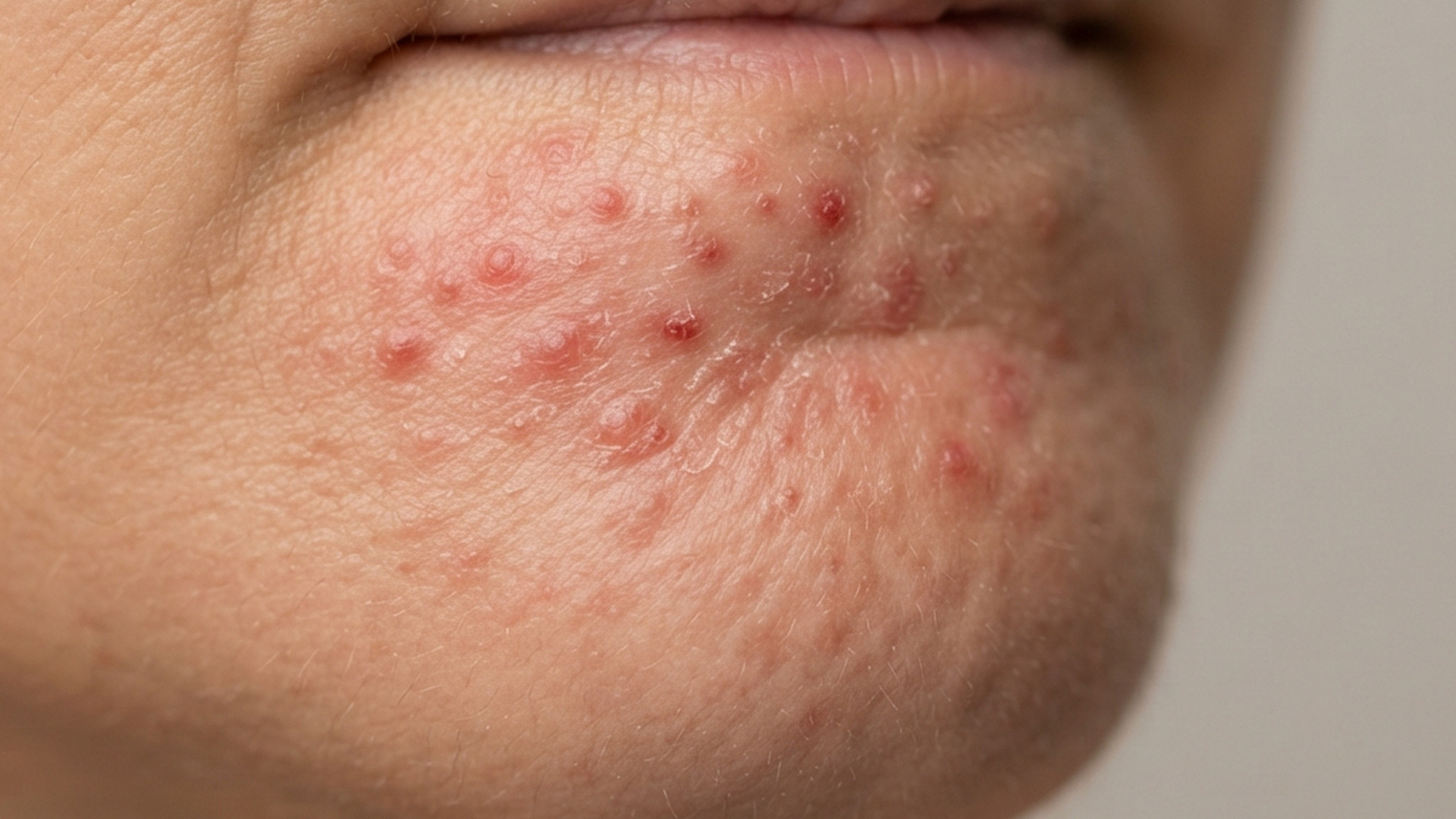 Close-up of small red bumps clustered around the mouth and chin.