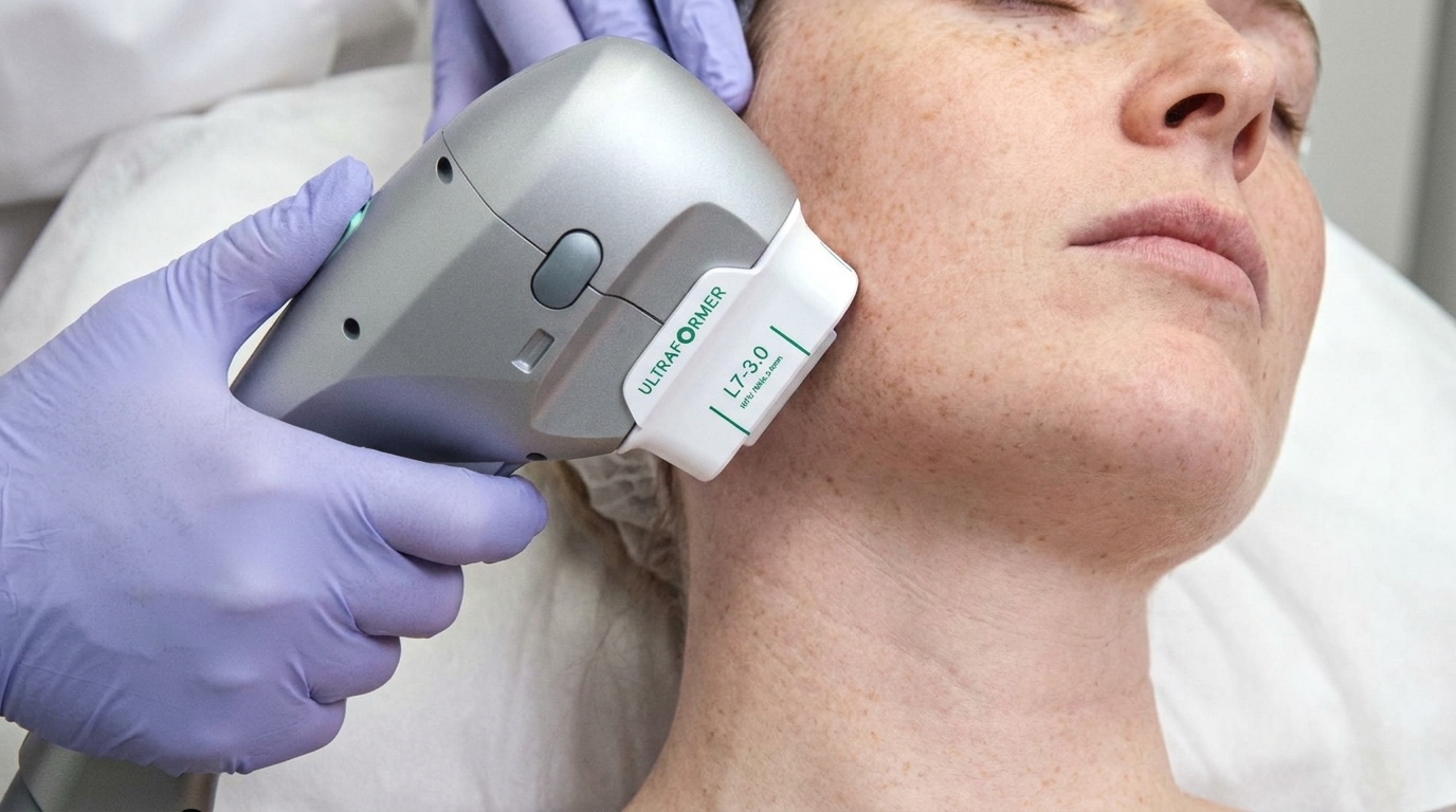 Clinician holding a HIFU handpiece against a person's cheek.