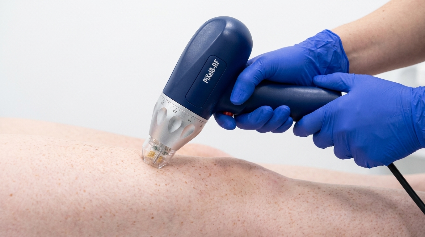 A gloved practitioner presses a dark blue needle-tipped handpiece against the skin of a person's abdomen.