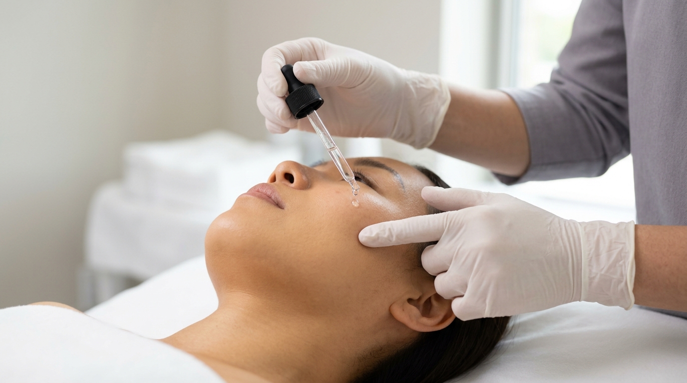 Gloved hands injecting the cheek of a person lying down.