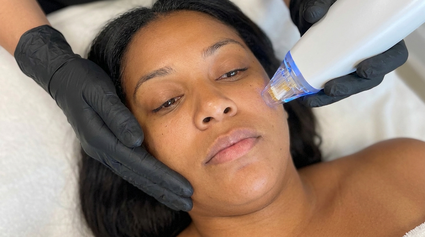 A practitioner holds a needle-tipped handpiece against the cheek of a woman lying back with her eyes closed.