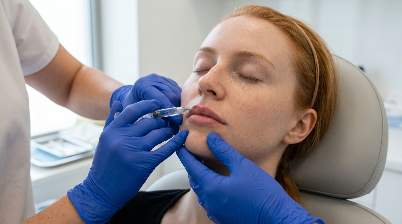 A gloved injector places a small syringe against the upper lip of a woman lying back in a treatment chair.