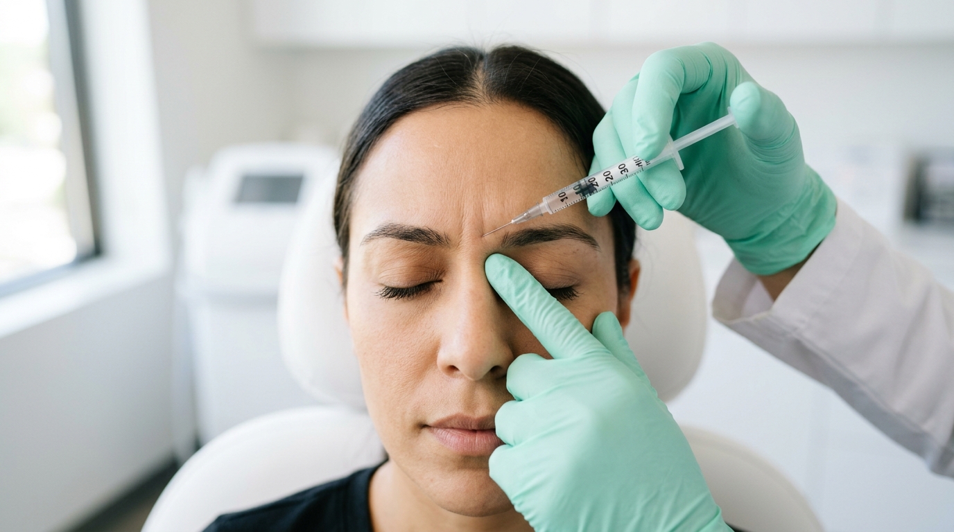 Gloved hands injecting the area between a person's eyebrows.