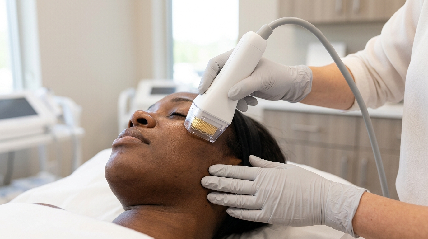A practitioner holds a needle-tipped handpiece against the temple of a woman lying back in a clinic.