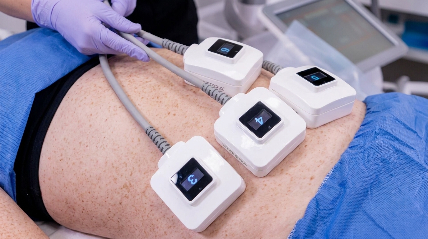 Four small white pads are held against a person's abdomen by a gloved practitioner, with cables running from each one.