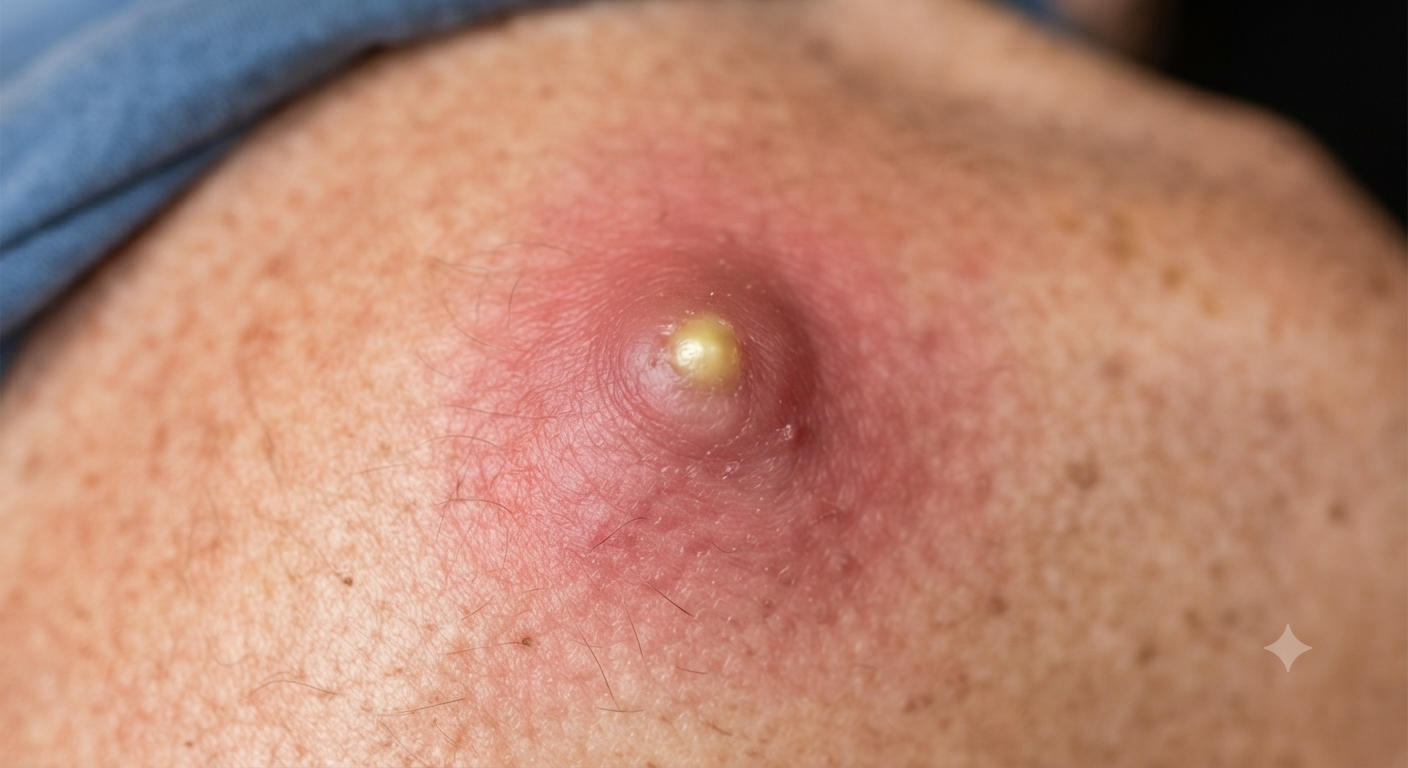 Close-up of a raised, dome-shaped red lump on pale skin, ringed by a wide pink flush, with a small yellow-white point of pus at its centre.