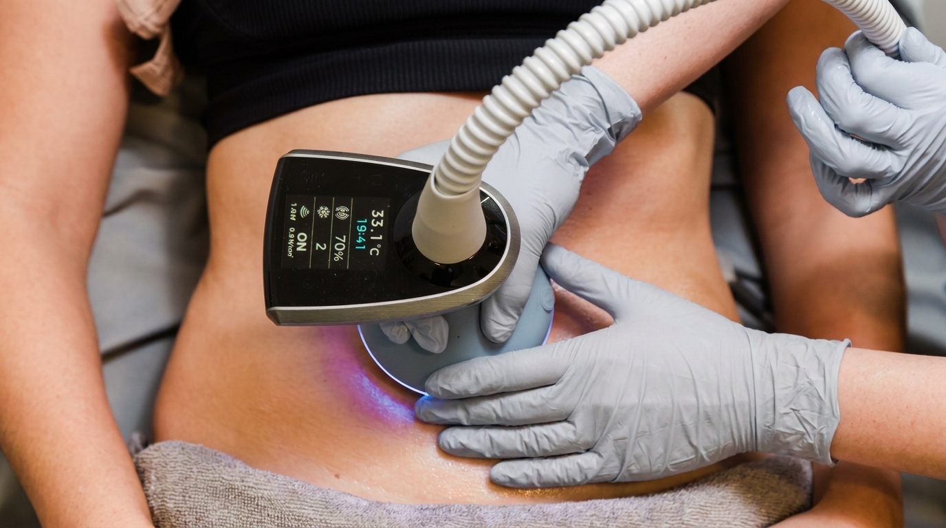 A gloved practitioner moves a handheld applicator with a small digital screen across a person's abdomen.
