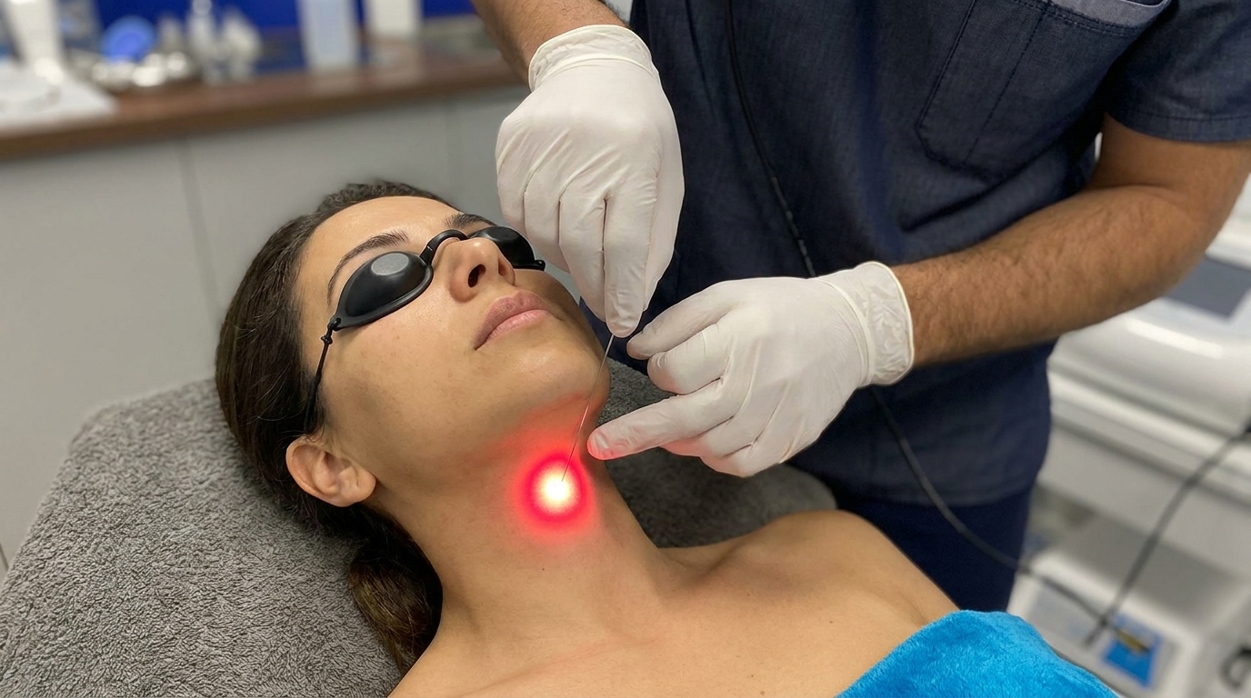 A woman in dark eye shields lies back while a practitioner works on her neck, where a small red light glows under the skin.