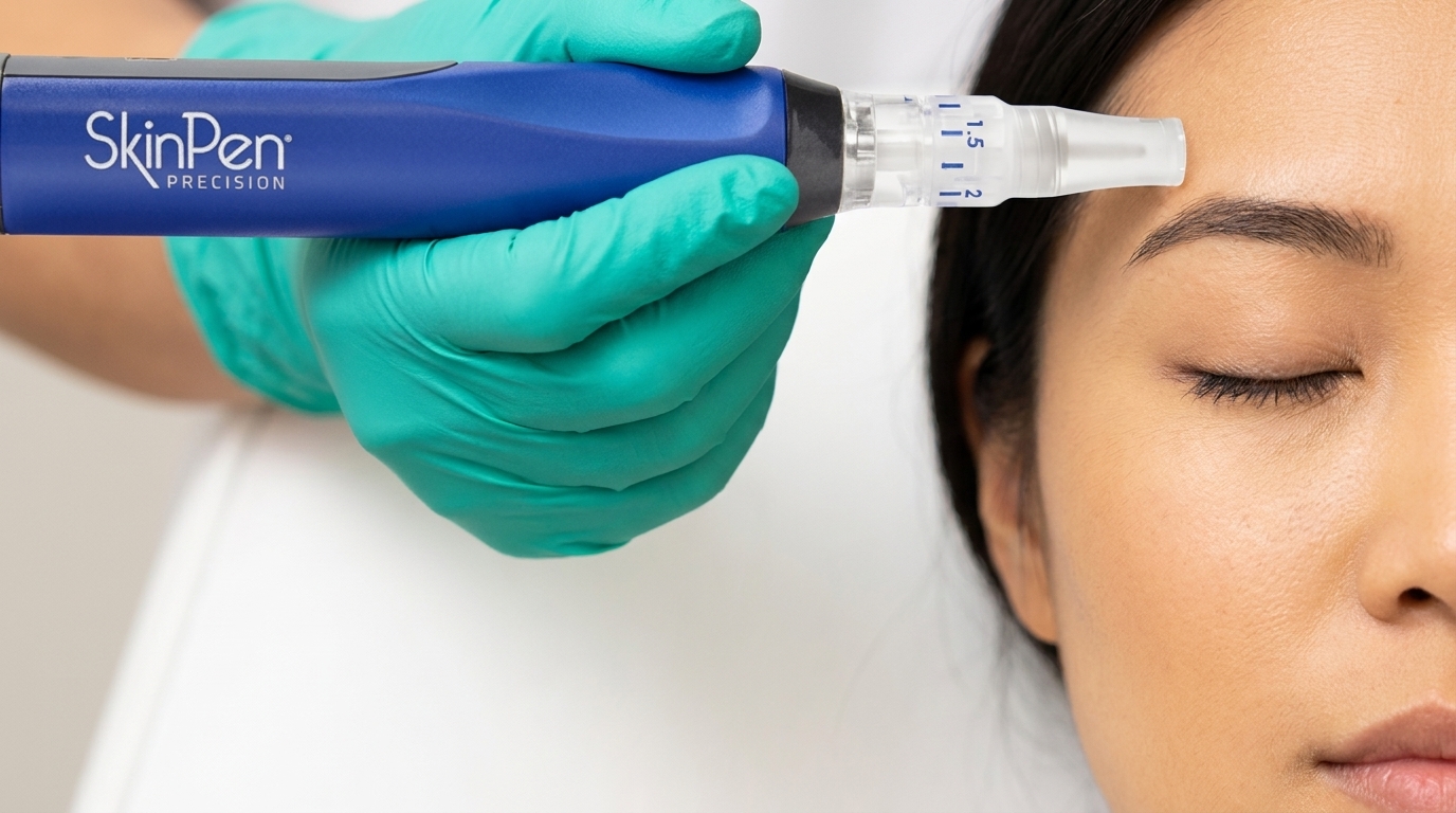 A gloved hand holds a blue and white microneedling pen labelled SkinPen beside the face of a woman lying back.