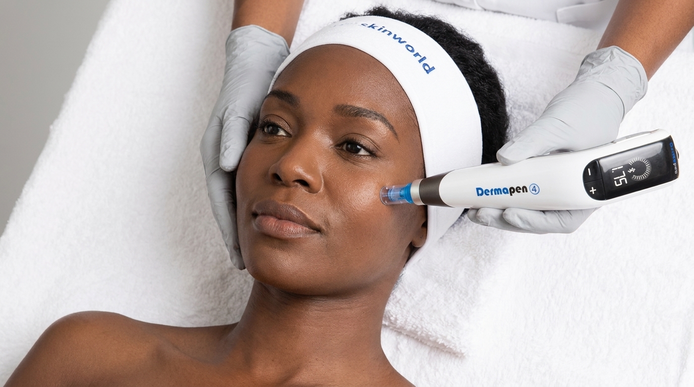 A practitioner holds a white pen-shaped device against the cheek of a woman with a white headband, in a clinic.