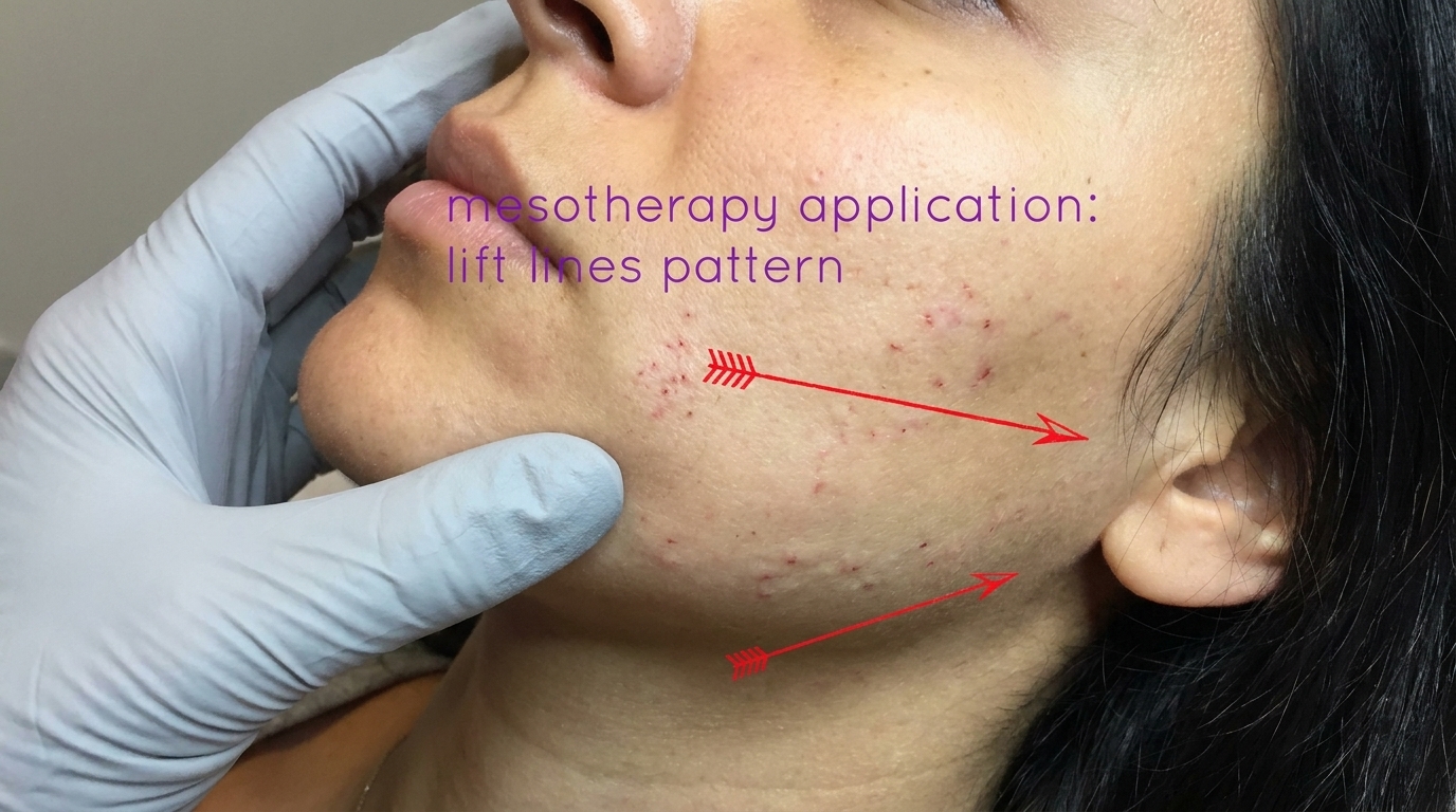 Face marked with a pattern of shallow injection points along the jaw and cheek.