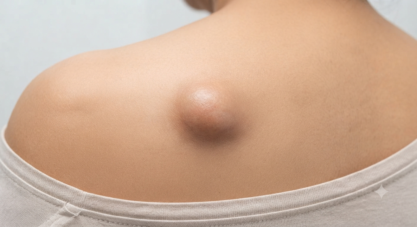A smooth, skin-coloured, dome-shaped swelling on a shoulder, with normal unbroken skin over it and no central opening.