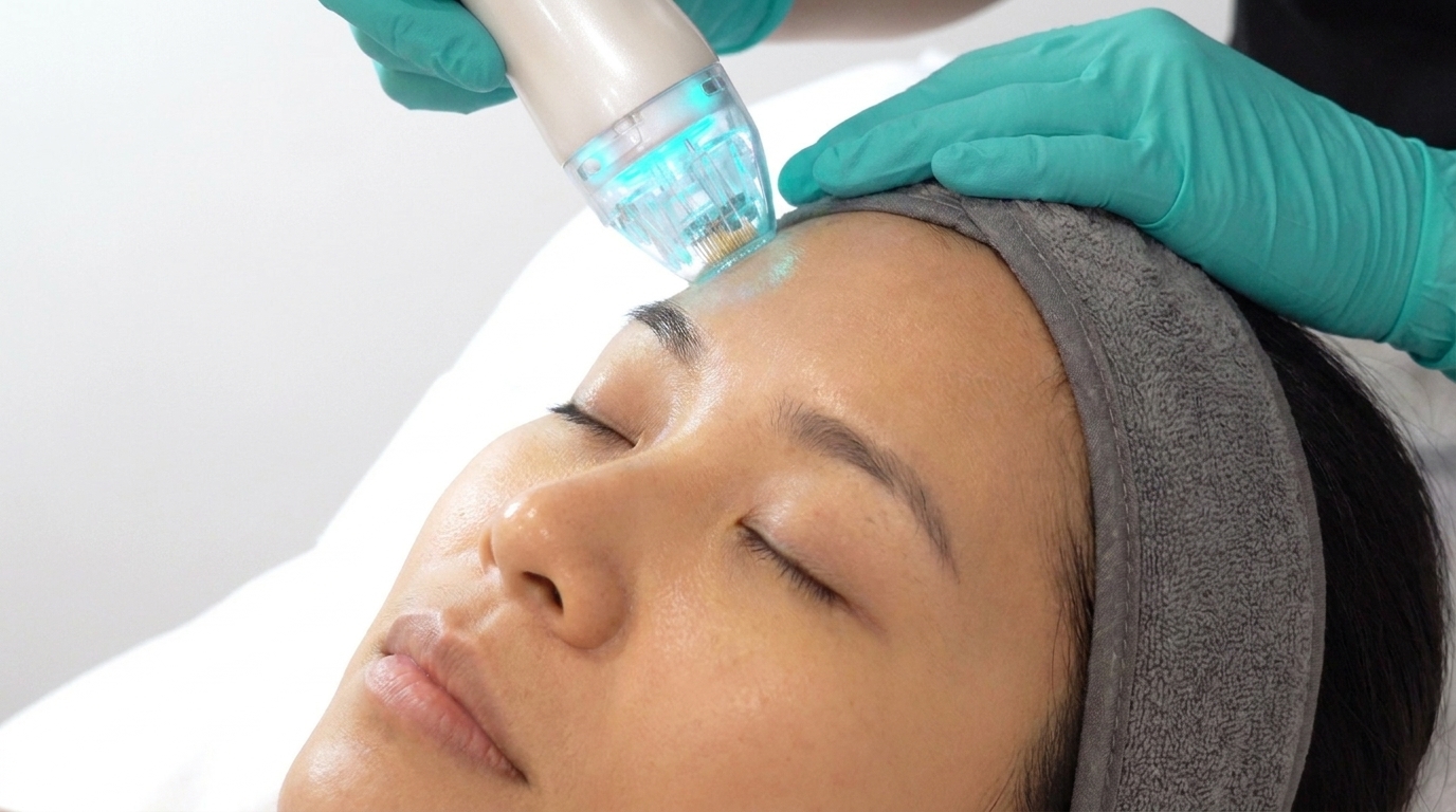 A gloved practitioner presses a small needle-tipped handpiece against the forehead of a woman wearing a headband.