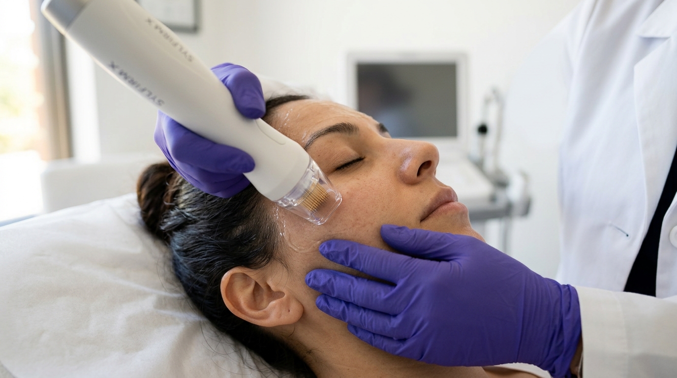 A practitioner holds a slim handpiece against the temple of a woman with her hair tied back, lying in a clinic chair.