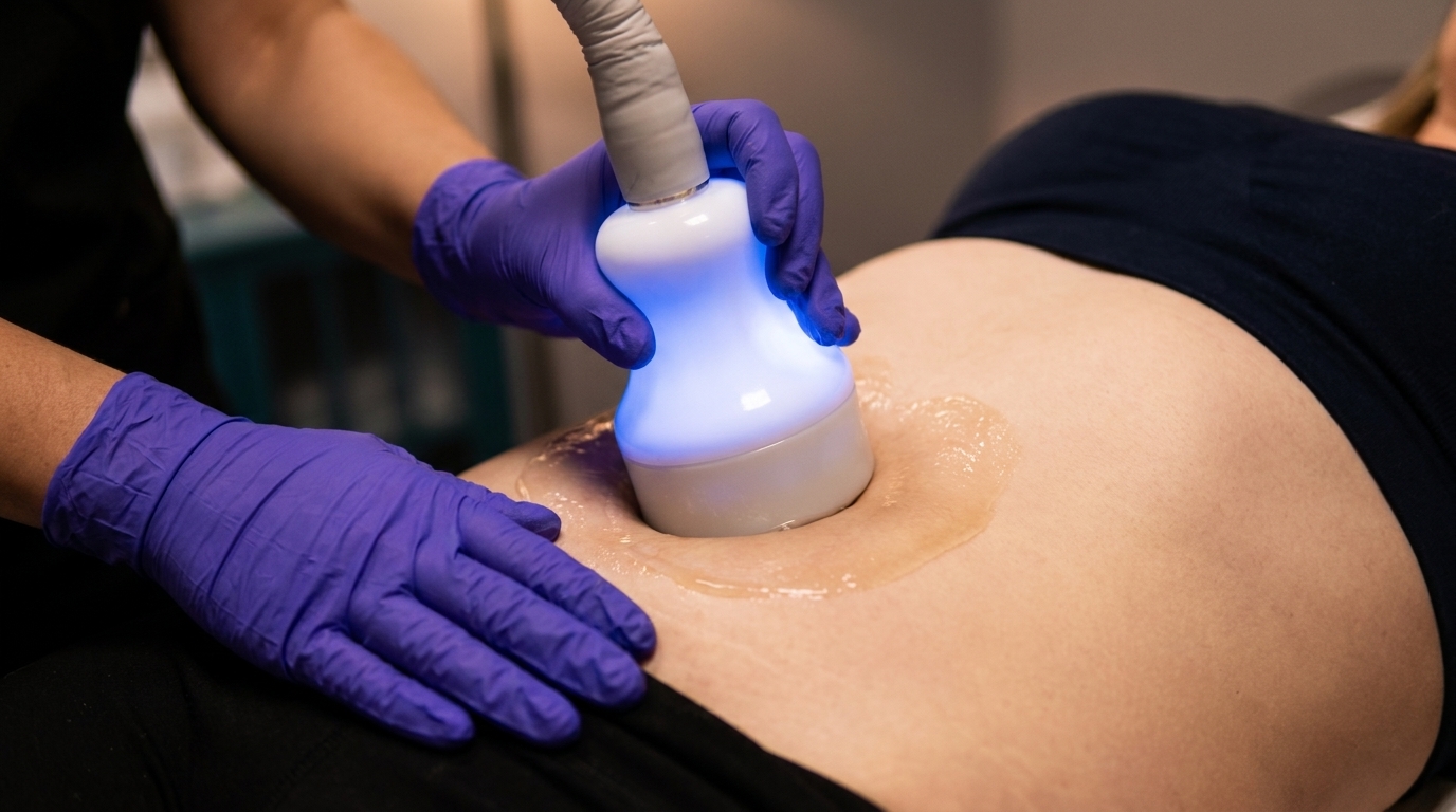 A gloved practitioner glides a rounded white handpiece across a gel-covered abdomen.