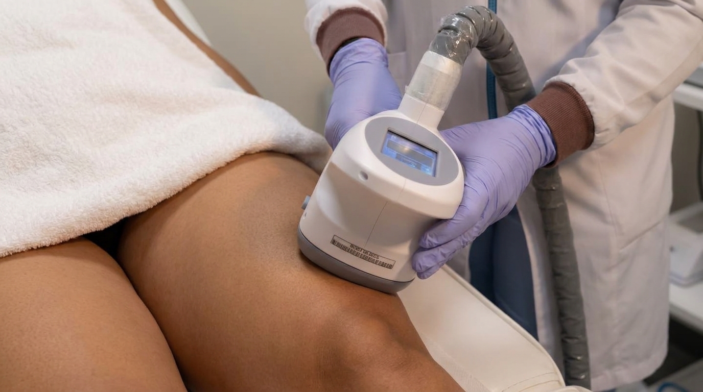 A gloved practitioner moves a large white handpiece across the back of a person's thigh.